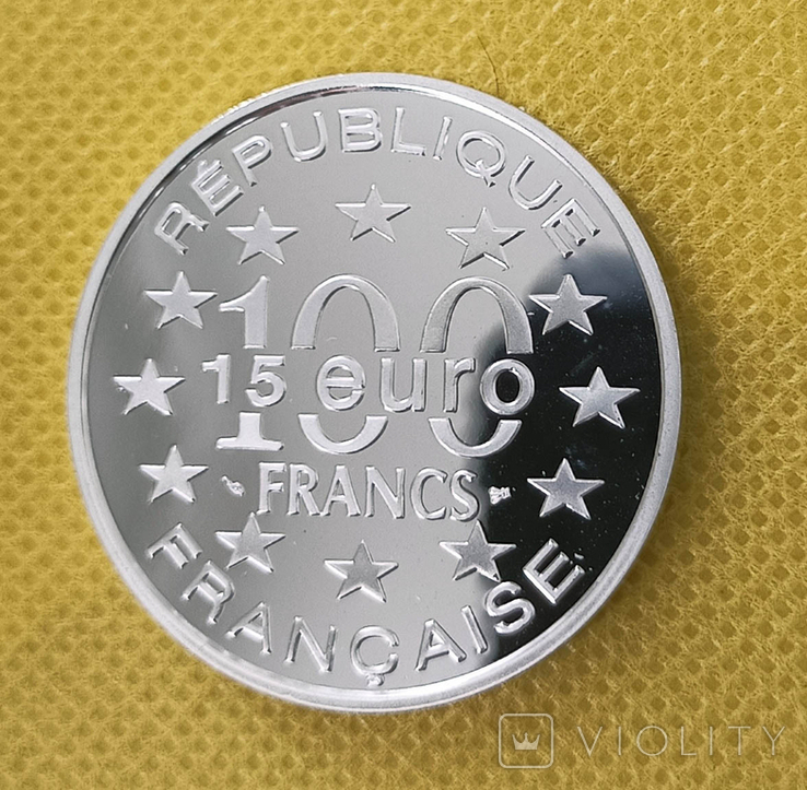 1996 Франція, 15 євро / 100 франків, Срібло, Відень, Собор св. Стефана (i49), фото №3