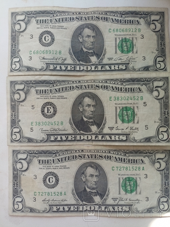 4 купюры по 5 долларов США 1969, 1988 годов, фото №3