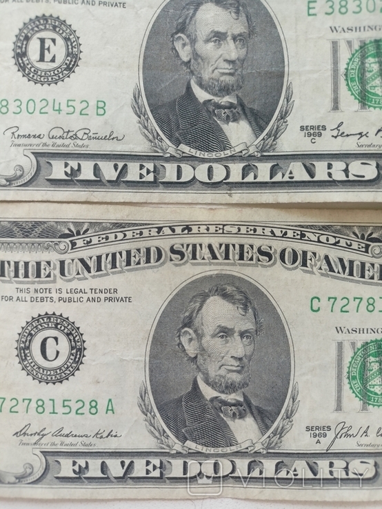 4 купюры по 5 долларов США 1969, 1988 годов, фото №4