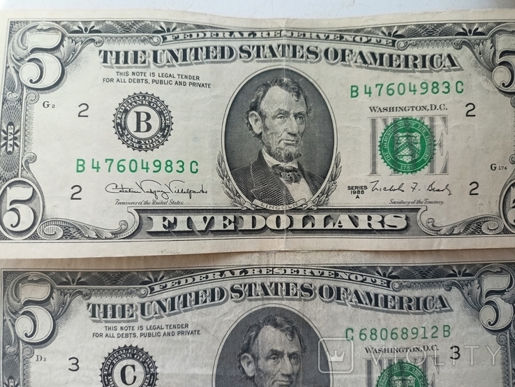 4 купюры по 5 долларов США 1969, 1988 годов, фото №6