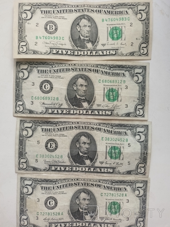 4 купюры по 5 долларов США 1969, 1988 годов, фото №2