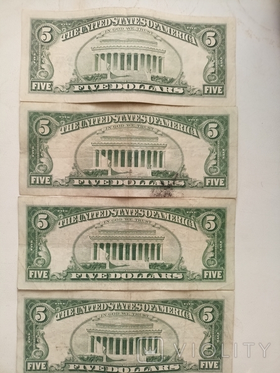 4 купюры по 5 долларов США 1969, 1988 годов, фото №7