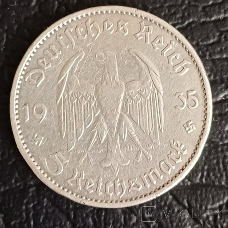 5 марок 1935г."Кирха".G.Серебро, фото №3