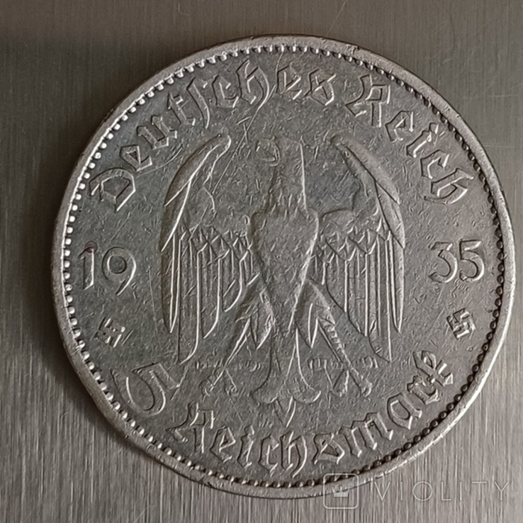 5 марок 1935г."Кирха".G.Серебро, фото №6
