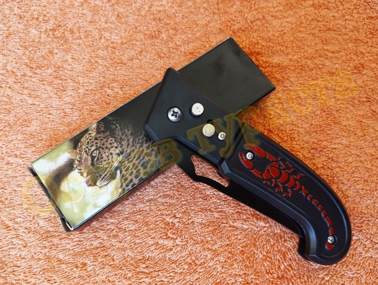 Нож выкидной складной Красный Скорпион на кнопке с предохранителем, numer zdjęcia 7