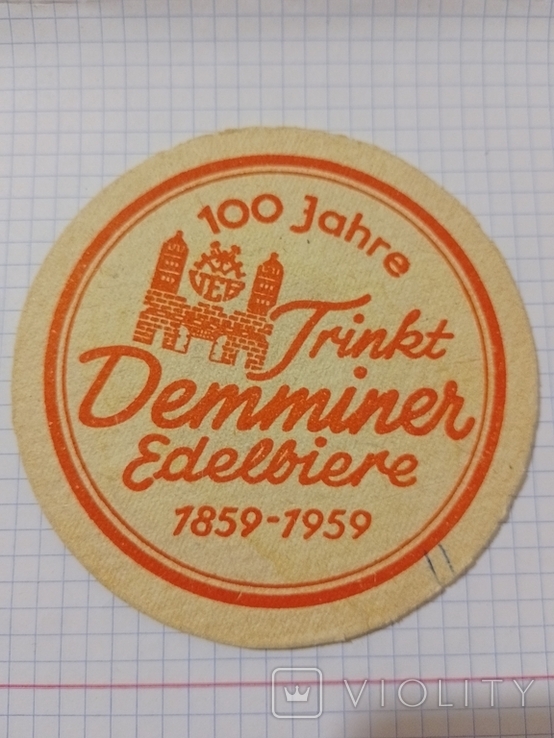 Бирдекель ГДР ,100 Jahre Trinkt Demminer Edelbiere 2859-1959, фото №2