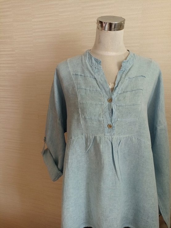Итальянская льняная женская блузка удлиненная длинный и 3/4 рукав голубая 52-54, фото №4