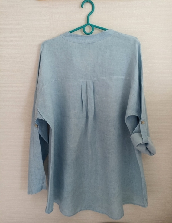 Итальянская льняная женская блузка удлиненная длинный и 3/4 рукав голубая 52-54, фото №7