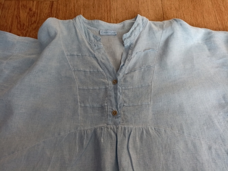 Итальянская льняная женская блузка удлиненная длинный и 3/4 рукав голубая 52-54, фото №9
