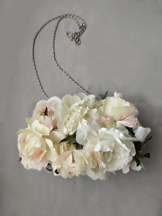 Шикарний оригінальний клатч сумочка рідікюль з квітів (троянда та гортензія), фото №11