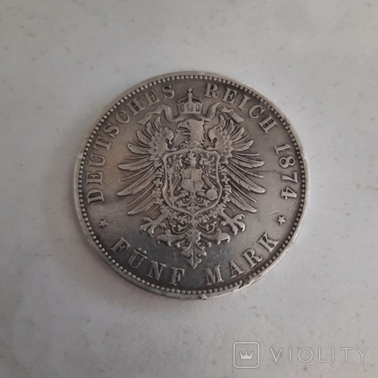 5 марок 1874 року Баварія / тираж 84.960 шт., фото №3
