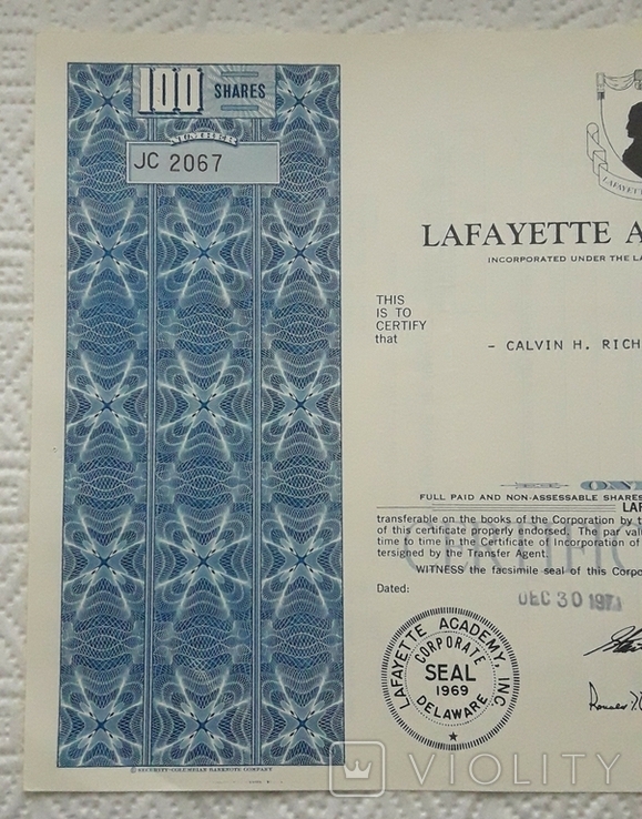 Сертифікат на акції освітньої компанії США 1971 року на 100 акцій, фото №5