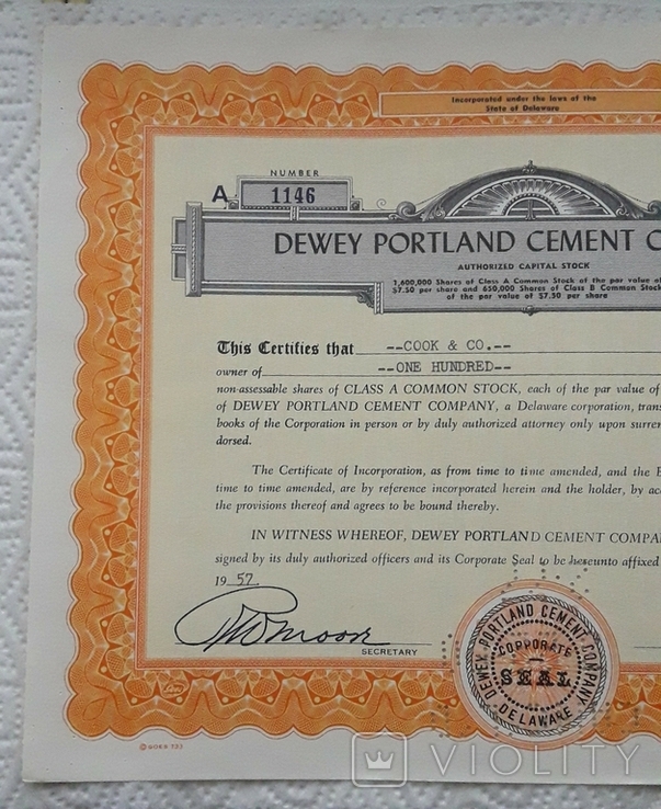 Сертифікат виробника цементу в США 1957 року на 100 акцій, фото №5