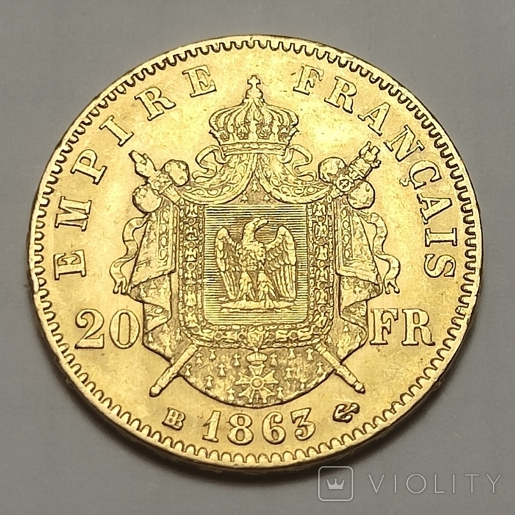 20 франков 1863, Франция, Наполеон III с венком, золото, фото №3