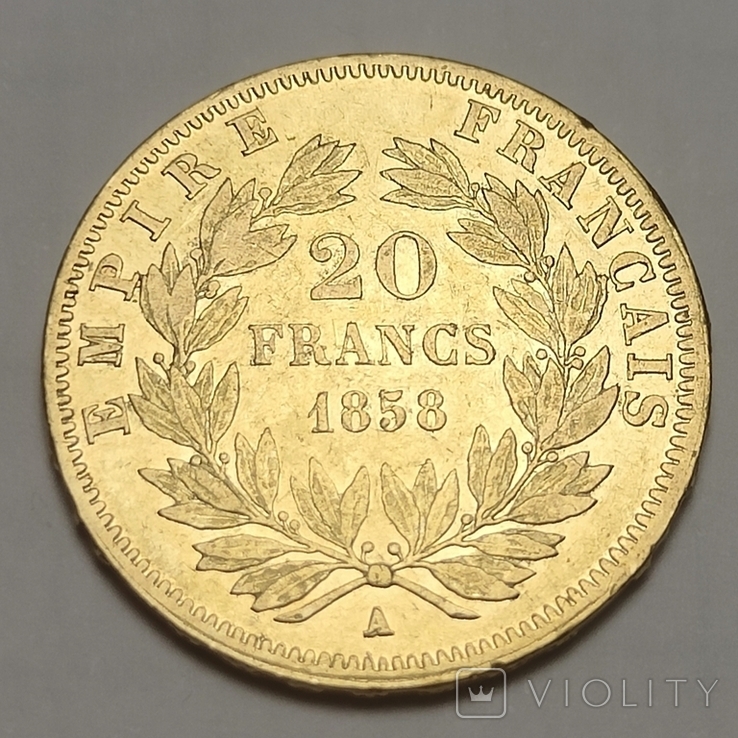 20 франков 1858, Франция, Наполеон III без венка, золото, фото №3