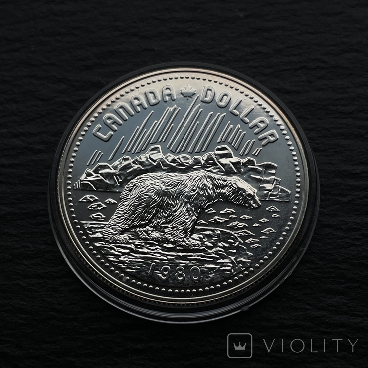 Доллар Елизаветы II к столетию Арктики 1980 г Канада Полярный медведь серебро 23.3 г, фото №2
