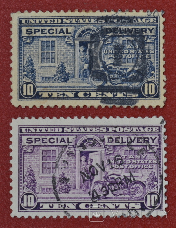 10 центів, США. Спеціальна доставка 1922 і 1927 Листоноша з мотоциклом Sc. #E12 & Sc. #E15, фото №2
