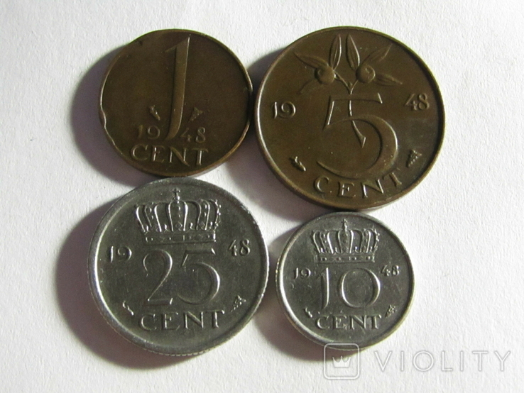 1, 5, 10, 25 центів 1948 Нідерланди, фото №2