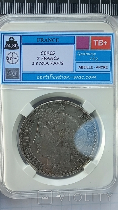 5 франков, Франция, 1870 г., Церера, А (малый тираж), серебро 0.900, 24.80 гр., серт. подл, фото №3