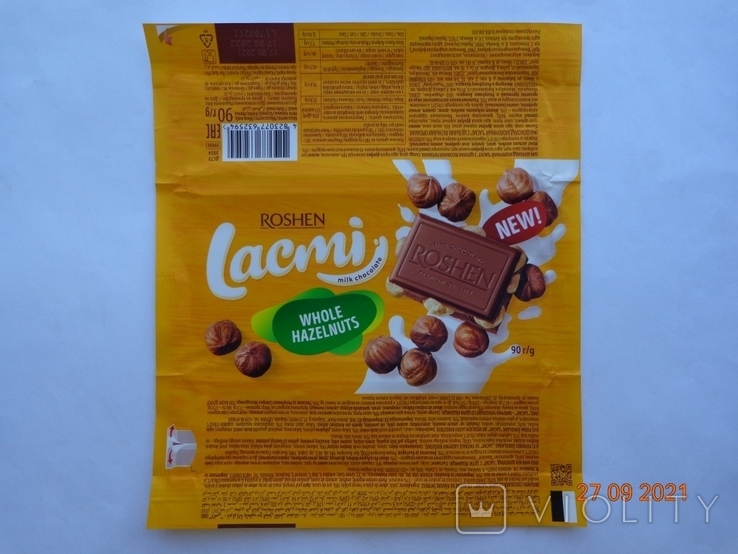 Шоколадна обгортка "Roshen Lacmi Whole Hazelnuts" 90г (ПрАТ "БФ "Вінниця", Україна, 2021 р.)