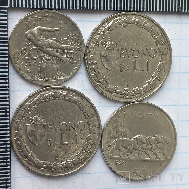 Четыре монеты Италии - 20, 50 чентезимо и 1 лира, король Виктор Эммануил III, 1920-е, фото №4