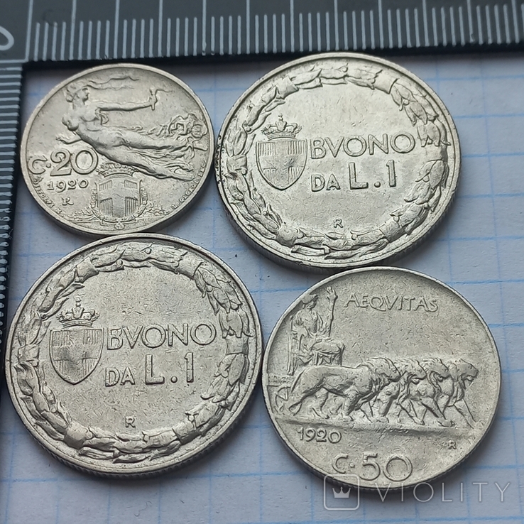 Четыре монеты Италии - 20, 50 чентезимо и 1 лира, король Виктор Эммануил III, 1920-е, фото №5