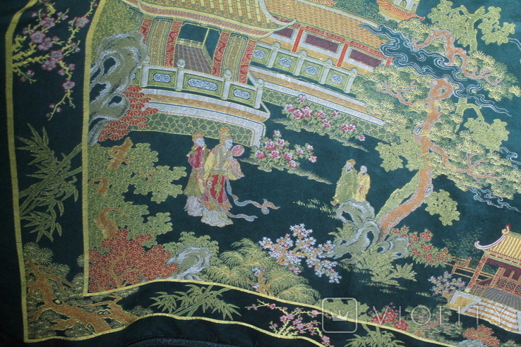 Скатерть вышитая зелёный шелк парча Китай 1950-е, фото №8