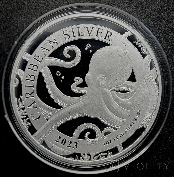 Монета Карибський восьминіг Барбадос 1 долар 2023, 1 унція срібло 999, фото №2