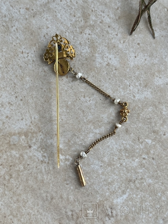 Антикварна золота брошка шпилька мікро перли сапфір рубін, фото №4
