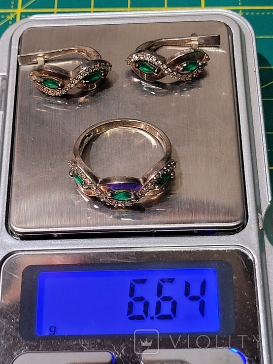 Серьги +кольцо серебро 925 с Золотыми вставками и камнями., фото №3
