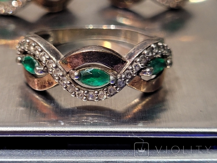 Серьги +кольцо серебро 925 с Золотыми вставками и камнями., фото №4
