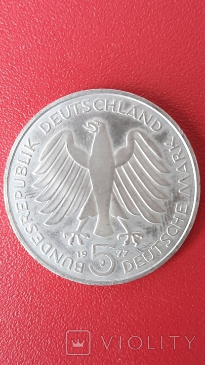 Монета 5 марок ФРН Карл Фрідріх Гаусс 1977 року J., фото №5