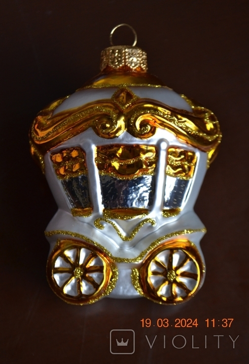 Скляна ялинкова іграшка "Біла карета в золоті". Розмір 10 см. Ідеально, фото №5
