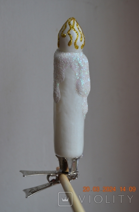 Скляна ялинкова іграшка "Новорічна біла палаюча свічка". Висота 10 см., фото №2