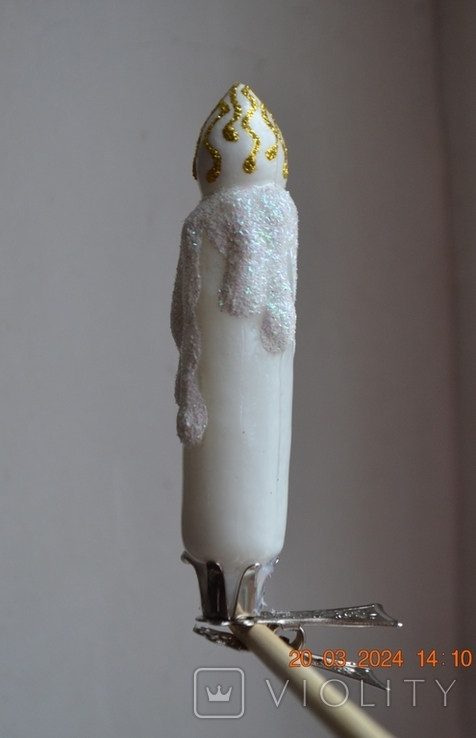 Скляна ялинкова іграшка "Новорічна біла палаюча свічка". Висота 10 см., фото №4