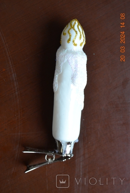 Скляна ялинкова іграшка "Новорічна біла палаюча свічка". Висота 10 см., фото №8