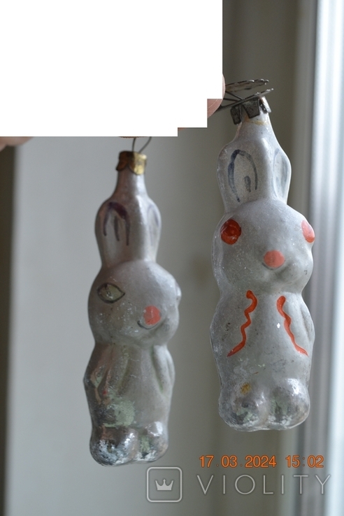 Стара скляна ялинкова іграшка "Заєць, зайчик". 2 шт в одному лоті. Висота 9 см, фото №4