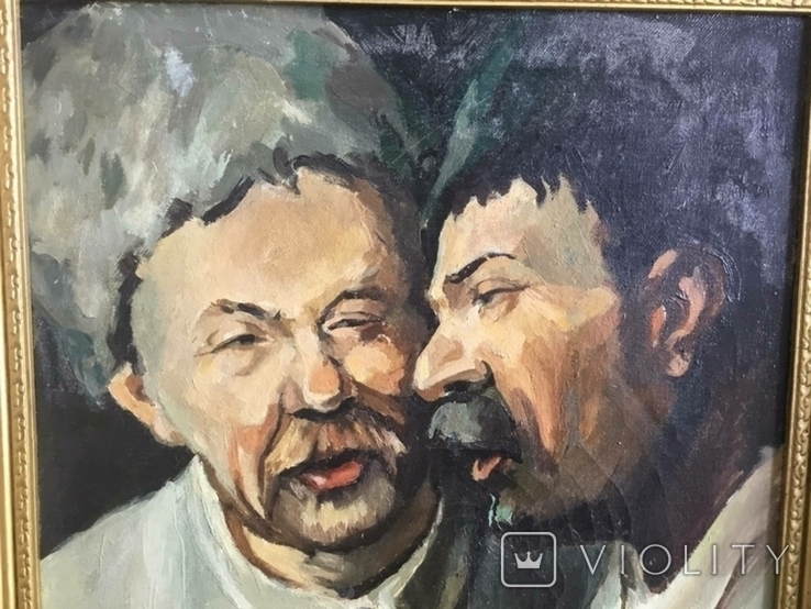 Старая картина холст, масло, "Два приятеля", фото №3