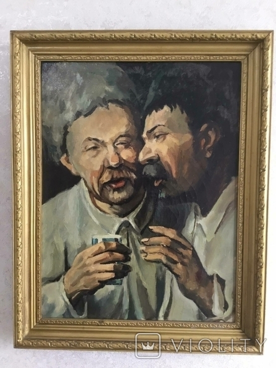 Старая картина холст, масло, "Два приятеля", фото №2