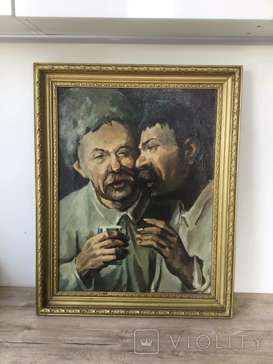 Старая картина холст, масло, "Два приятеля", фото №6