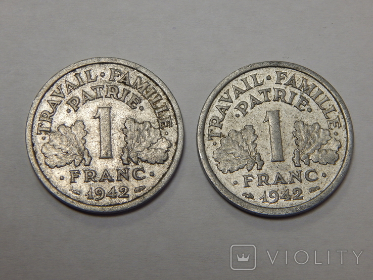 2 монеты по 1 франку, Франция, 1942 г, фото №2