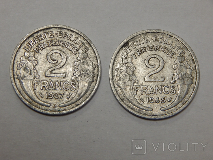 2 монеты по 2 франка, 1945/47 г.г. Франция, фото №2