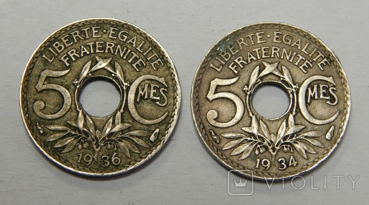 2 монеты по 5 сантиме, 1934/36 г.г. Франция, фото №2