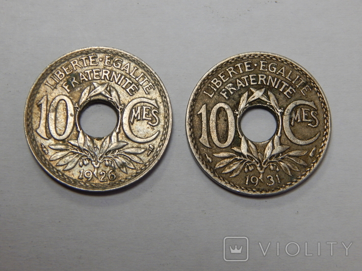 2 монеты по 10 сантиме, 1926/31 г.г. Франция, фото №2