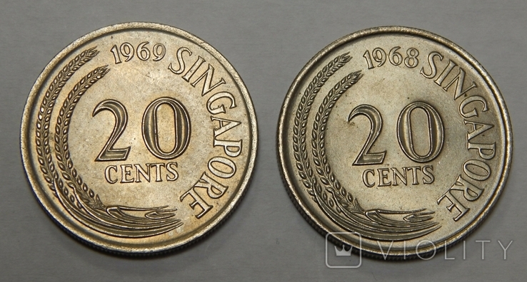 2 монеты по 20 центов, 1968/69 г.г. Сингапур, фото №2