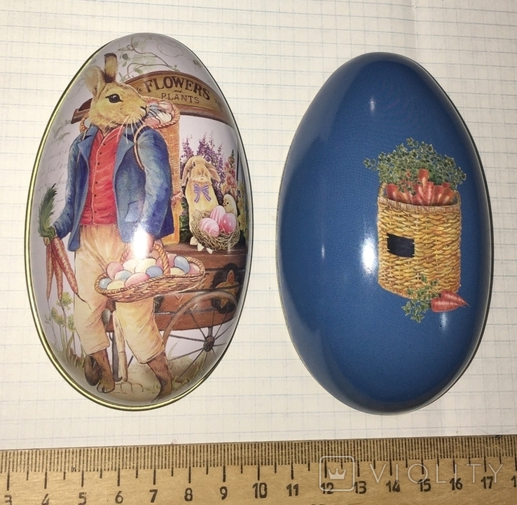 Жерстяна коробка (велика), пасхальне яйце, зайці, морква / зайчики, кролики, фото №2