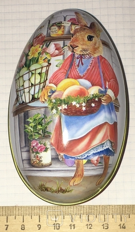Жерстяна коробка (велика), пасхальне яйце, зайчик-господиня, квіти / кролик, фото №4