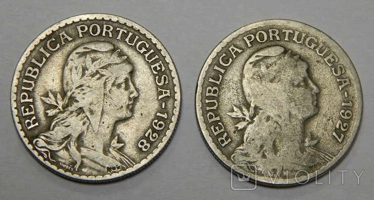 2 монеты по 1 эскудо, 1927/28 г.г. Португалия, фото №3