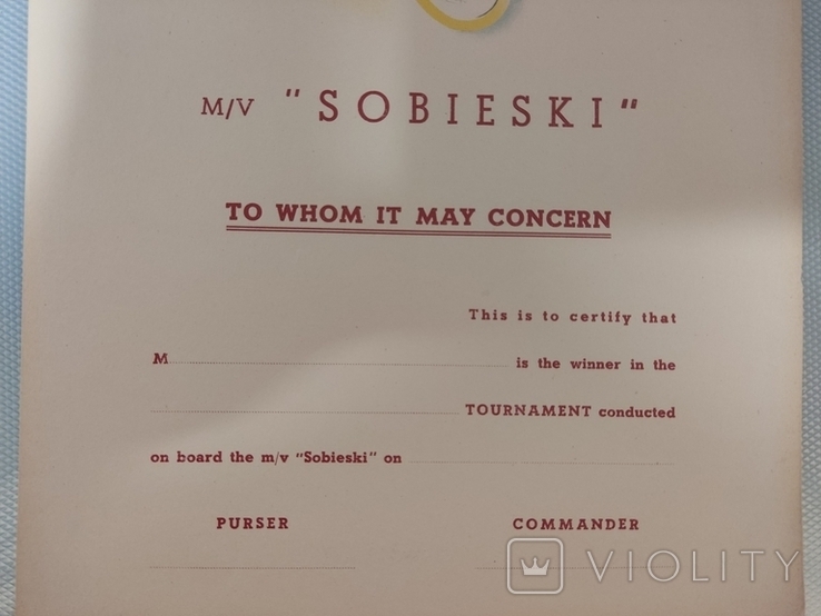 Бланк m/v Sobieski в последующем т/х Грузия,отпеч.1939-1950гг ХХ в(Вы стали побед.турнира), фото №5