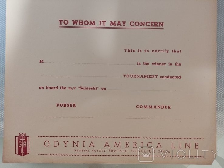 Бланк m/v Sobieski в последующем т/х Грузия,отпеч.1939-1950гг ХХ в(Вы стали побед.турнира), фото №6